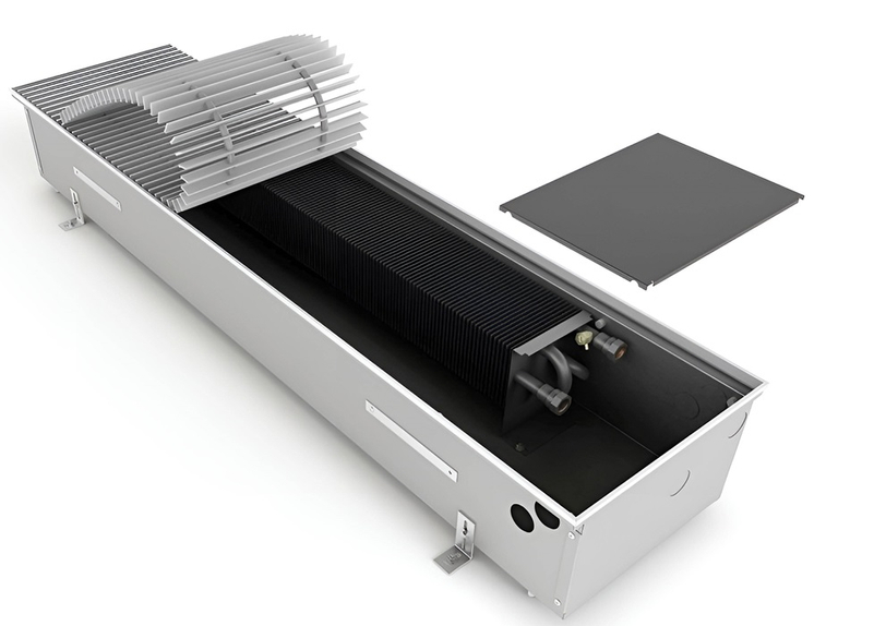 Konvektor podlahový s přirozenou konvekcí Isan Termo FRK 90 x 350 x 4200 mm, 1624 W, připojení vpravo, výměník ocelový, mřížka Natur příčná rolovací hliník