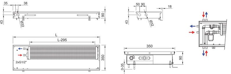 Konvektor podlahový s přirozenou konvekcí Isan Termo FRK 90 x 350 x 4500 mm, 1750 W, připojení vpravo, výměník ocelový, mřížka Natur příčná rolovací hliník