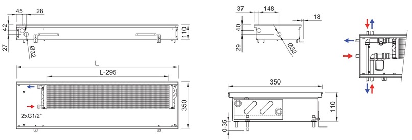 Konvektor podlahový s přirozenou konvekcí Isan Termo FRK 110 x 350 x 1300 mm, 482 W, připojení vpravo, výměník ocelový, mřížka Natur příčná rolovací hliník