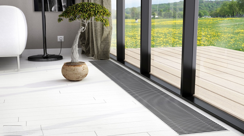 Konvektor podlahový s přirozenou konvekcí Isan Termo FRK 110 x 350 x 2200 mm, 913 W, připojení vpravo, výměník ocelový, mřížka Natur příčná rolovací hliník