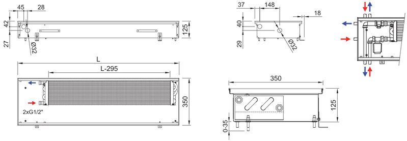 Konvektor podlahový s přirozenou konvekcí Isan Termo FRK 125 x 350 x 1800 mm, 990 W, připojení vpravo, výměník ocelový, mřížka Natur příčná rolovací hliník