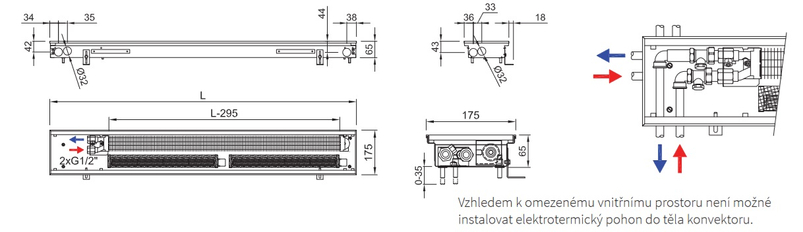 Konvektor podlahový s ventilátorem Isan Termo FRT 65 x 175 x 2800 mm, 1717 W, připojení vpravo, výměník ocelový, mřížka Natur příčná nízká nerolovací hliník