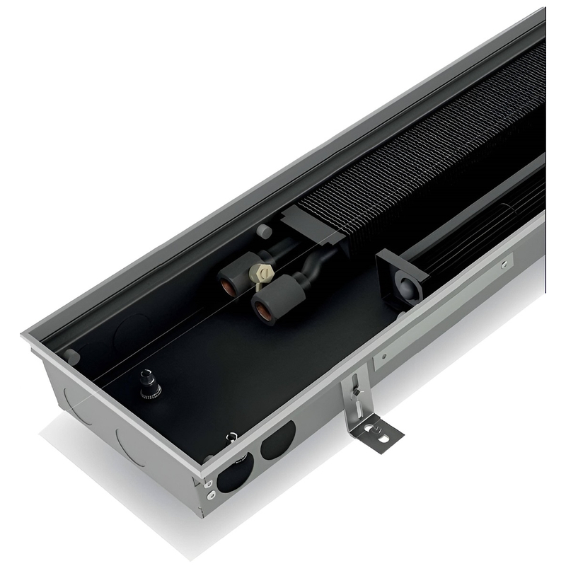 Konvektor podlahový s ventilátorem Isan Termo FRT 65 x 200 x 1800 mm, 1239 W, připojení vpravo, výměník ocelový, mřížka Natur příčná nízká nerolovací hliník
