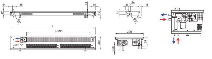 Konvektor podlahový s ventilátorem Isan Termo FRT 65 x 200 x 1800 mm, 1239 W, připojení vpravo, výměník ocelový, mřížka Natur příčná nízká nerolovací hliník