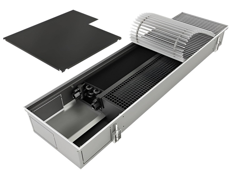 Konvektor podlahový s ventilátorem pro topení a chlazení Isan Termo FRC 135 x 325 x 1100 mm, 1923 W, připojení vpravo, výměník ocelový, mřížka Natur příčná rolovací hliník