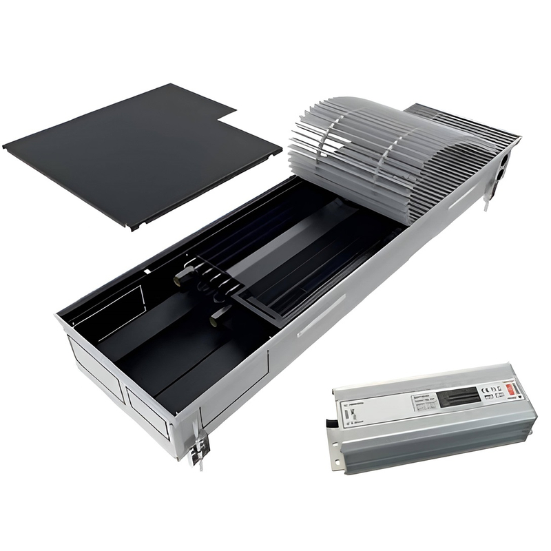 Konvektor podlahový s ventilátorem a s instalovaným zdrojem napětí pro topení a chlazení Isan Termo FZD 135 x 325 x 1200 mm, 685 W, připojení vpravo, výměník ocelový, mřížka Natur příčná rolovací hliník