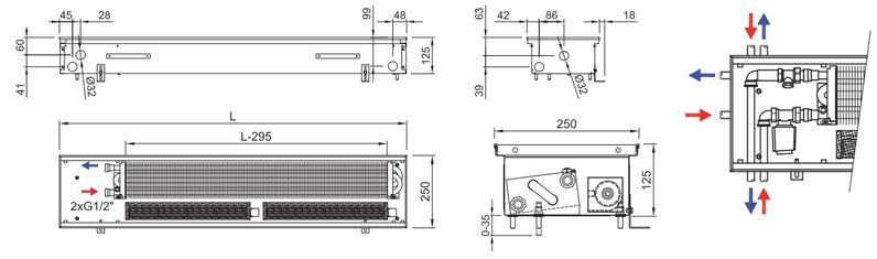 Konvektor podlahový do mokrého prostředí s ventilátoremí Isan Termo FRB 125 x 250 x 700 mm, 885 W, připojení vpravo, výměník nerezový, mřížka Natur příčná rolovací hliník