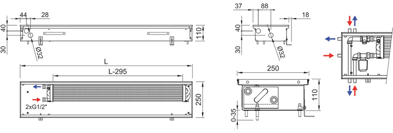 Konvektor podlahový s přirozenou konvekcí Isan Termo FRK 110 x 250 x 3500 mm, 1325 W, připojení vpravo, výměník ocelový, mřížka Natur příčná rolovací hliník