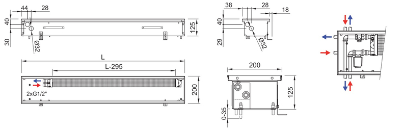 Konvektor podlahový s přirozenou konvekcí Isan Termo FRK 125 x 200 x 2600 mm, 640 W, připojení vpravo, výměník ocelový, mřížka Natur příčná rolovací hliník
