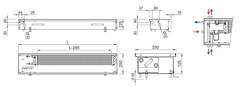 Konvektor podlahový s přirozenou konvekcí Isan Termo FRK 125 x 250 x 1500 mm, 560 W, připojení vpravo, výměník ocelový, mřížka Natur příčná rolovací hliník