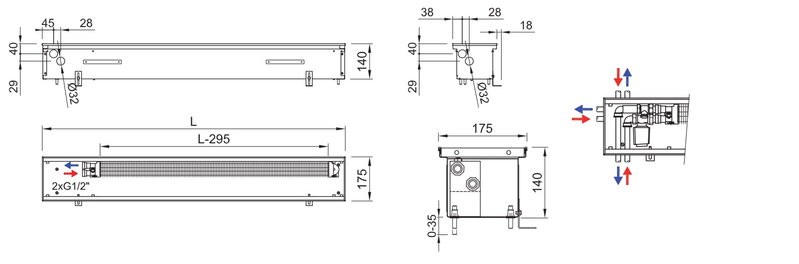 Konvektor podlahový s přirozenou konvekcí Isan Termo FRK 140 x 175 x 2500 mm, 602 W, připojení vpravo, výměník ocelový, mřížka Natur příčná rolovací hliník