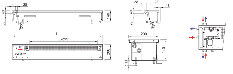 Konvektor podlahový s přirozenou konvekcí Isan Termo FRK 140 x 200 x 1000 mm, 203 W, připojení vpravo, výměník ocelový, mřížka Natur příčná rolovací hliník
