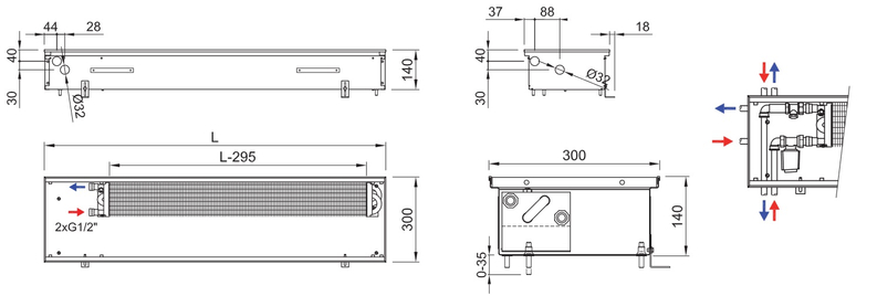Konvektor podlahový s přirozenou konvekcí Isan Termo FRK 140 x 300 x 4500 mm, 2318 W, připojení vpravo, výměník ocelový, mřížka Natur příčná rolovací hliník
