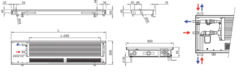 Konvektor podlahový s ventilátorem Isan Termo FRT 65 x 300 x 3800 mm, 5896 W, připojení vpravo, výměník ocelový, mřížka Natur příčná nízká nerolovací hliník