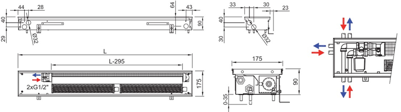 Konvektor podlahový s ventilátorem Isan Termo FRT 90 x 175 x 2600 mm, 3409 W, připojení vpravo, výměník ocelový, mřížka Natur příčná rolovací hliník