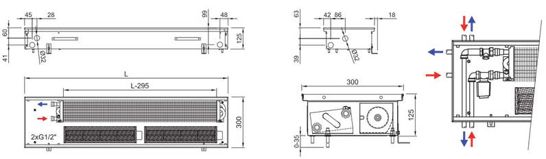 Konvektor podlahový s ventilátorem Isan Termo FRT 125 x 300 x 1800 mm, 4856 W, připojení vpravo, výměník ocelový, mřížka Natur příčná rolovací hliník