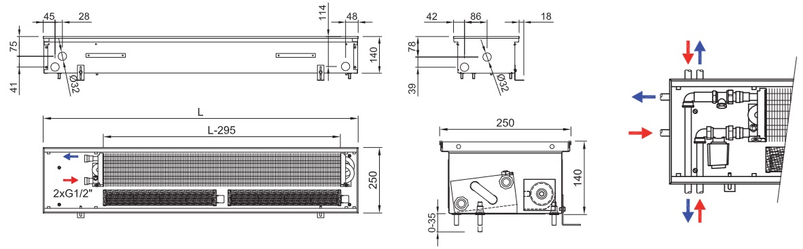 Konvektor podlahový s ventilátorem Isan Termo FRT 140 x 250 x 2100 mm, 5193 W, připojení vpravo, výměník ocelový, mřížka Natur příčná rolovací hliník