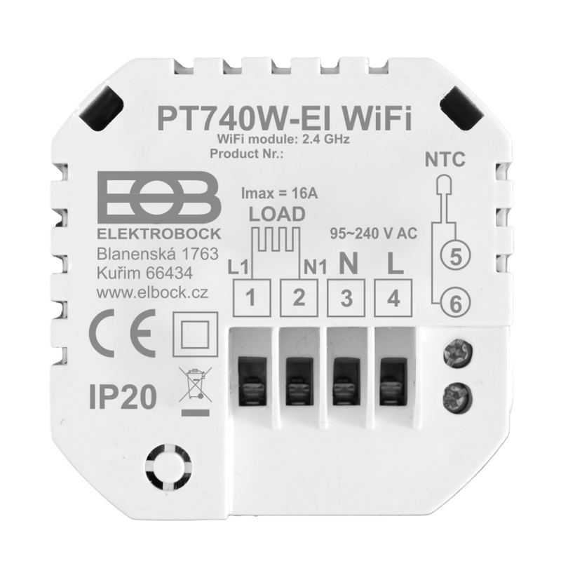 Programovatelný WiFi termostat Elektrobovk PT740W-EI Wifi, pro ovládání elektrického topení, bílá