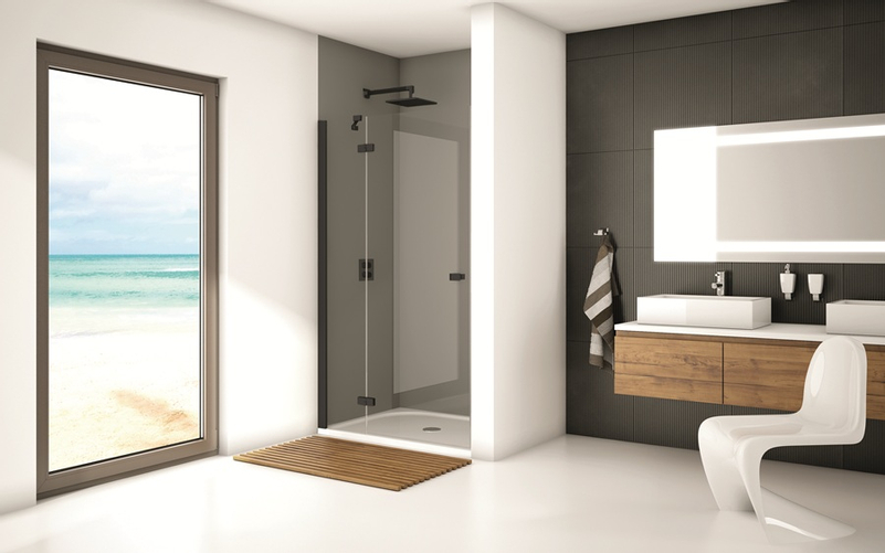 Jednokřídlé dveře Plano Geneve Black GE 13, s pevnou stěnou v rovině s vyrovnávacím profilem - montáž vlevo / 1 strana rohového vstupu 900 x 2000 mm, černá matná/sklo čiré