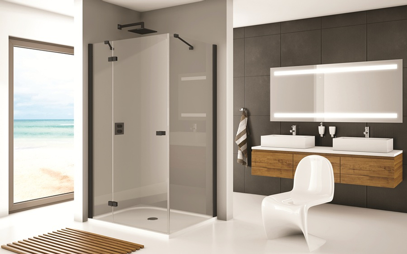 Jednokřídlé dveře Plano Geneve Black GE 13, s pevnou stěnou v rovině s vyrovnávacím profilem - montáž vlevo / 1 strana rohového vstupu 900 x 2000 mm, černá matná/sklo čiré