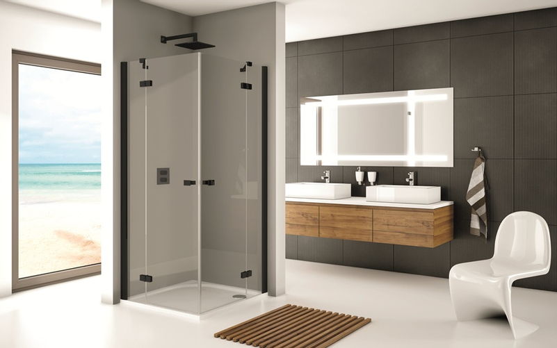 Jednokřídlé dveře Plano Geneve Black GE 13, s pevnou stěnou v rovině s vyrovnávacím profilem - montáž vlevo / 1 strana rohového vstupu 1200 x 2000 mm, černá matná/sklo čiré