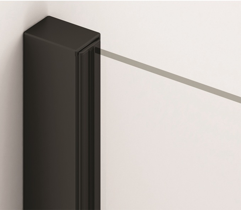 Jednokřídlé dveře Plano Geneve Black GE 13, s pevnou stěnou v rovině s vyrovnávacím profilem - montáž vpravo / 1 strana rohového vstupu 900 x 2000 mm, černá matná/sklo čiré