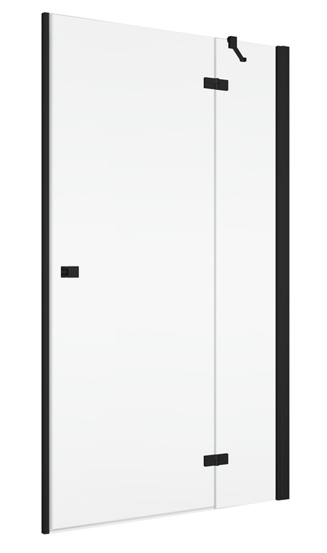 Jednokřídlé dveře Plano Geneve Black GE 13, s pevnou stěnou v rovině s vyrovnávacím profilem - montáž vpravo / 1 strana rohového vstupu 900 x 2000 mm, černá matná/sklo čiré