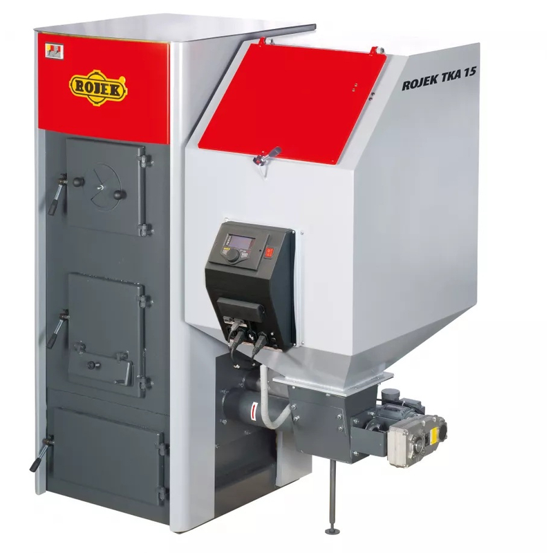 Kotel automatický na pelety a hnědé uhlí Rojek TKA 15, 4,1 - 15 kW, horizontální odkouření, 5. třída dřevěné pelety, 4. třída hnědé uhlí, pravý