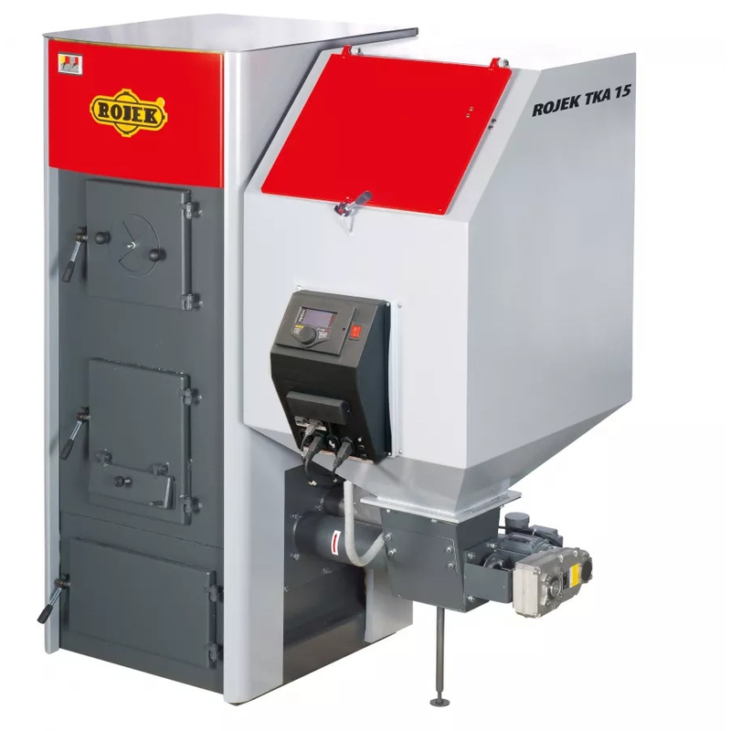 Kotel automatický na pelety a hnědé uhlí Rojek TKA 15, 4,1 - 15 kW, 5. třída dřevěné pelety, 4. třída hnědé uhlí, levý