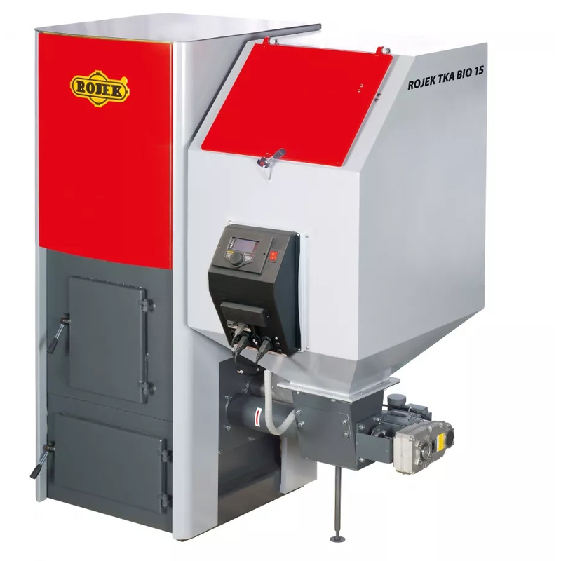Kotel automatický na pelety a hnědé uhlí Rojek BIO 15, 4,1 - 15 kW, horizontální odkouření, 5. třída, SVT 1399, levý