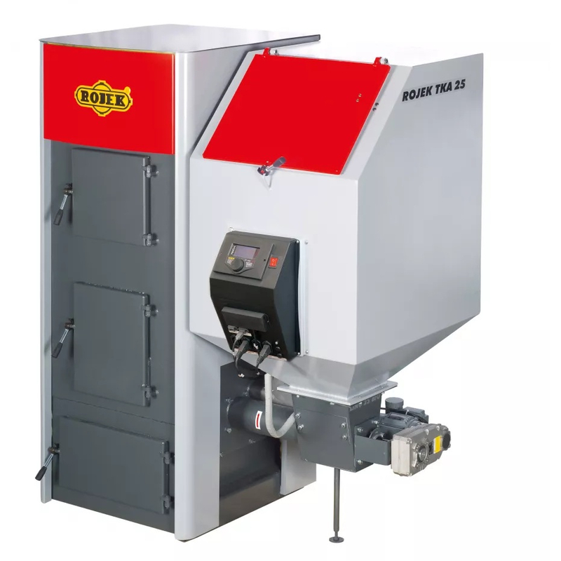 Kotel automatický na pelety a hnědé uhlí Rojek TKA 25, 5,8 - 21,8 kW, 5. třída dřevěné pelety, 4. třída hnědé uhlí, levý