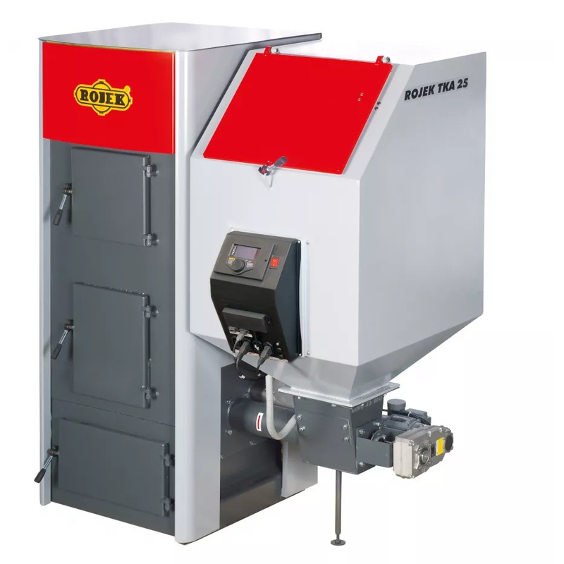 Kotel automatický na pelety a hnědé uhlí Rojek TKA 25, 5,8 - 21,8 kW, horizontální odkouření, 5. třída dřevěné pelety, 4. třída hnědé uhlí, levý