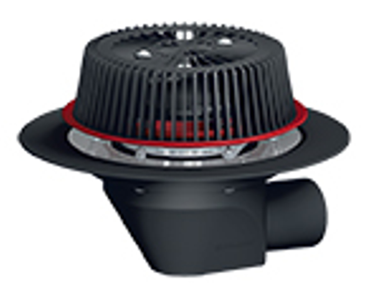 Střešní vtok HL Hutterer & Lechner, DN75/110 s ležatým odtokem, s nástavcem pro nouzové odvodnění se záchytným košem, s izolační přírubou a izolační svorkou, tepelně izolovaný.