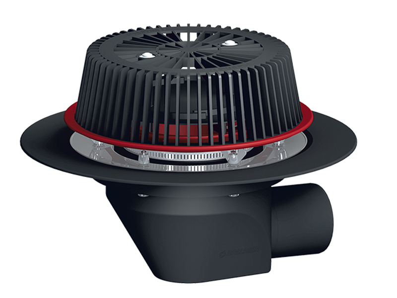 Střešní vtok HL Hutterer & Lechner, DN75/110 s ležatým odtokem, s nástavcem pro nouzové odvodnění se záchytným košem, s izolační přírubou a izolační svorkou, tepelně izolovaný.