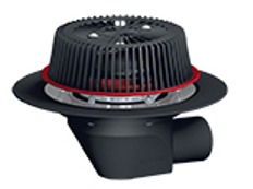 Střešní vtok HL Hutterer & Lechner, DN75/110 s ležatým odtokem, s nástavcem pro nouzové odvodnění se záchytným košem, s izolační přírubou a izolační svorkou, tepelně izolovaný.