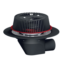 Střešní vtok HL Hutterer & Lechner, DN75/110 s ležatým odtokem, s nástavcem pro nouzové odvodnění se záchytným košem, s izolační přírubou a izolační svorkou, tepelně izolovaný.