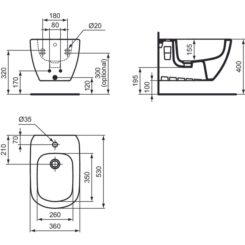 Bidet závěsný s otvorem Ideal Standard 36 x 53 cm skryté upevnění bílá matná