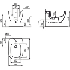 Bidet závěsný s otvorem Ideal Standard 36 x 53 cm skryté upevnění bílá matná