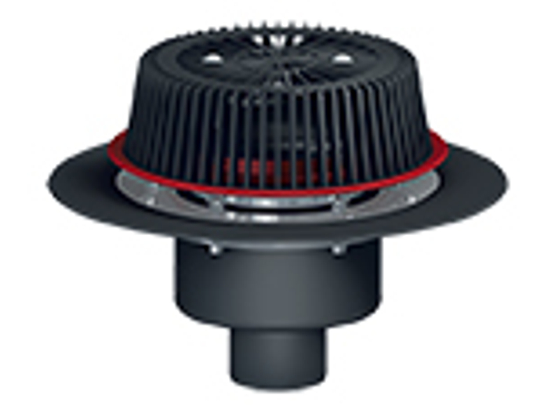 Střešní vtok HL Hutterer & Lechner, DN110 se svislým odtokem, s nástavcem pro nouzové odvodnění se záchytným košem, s izolační přírubou a izolační svorkou, s elektrickým ohřevem(10-30W, 230V)