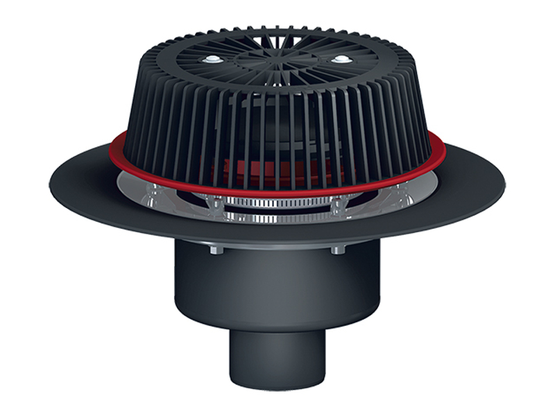 Střešní vtok HL Hutterer & Lechner, DN110 se svislým odtokem, s nástavcem pro nouzové odvodnění se záchytným košem, s izolační přírubou a izolační svorkou, s elektrickým ohřevem(10-30W, 230V)