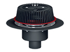 Střešní vtok HL Hutterer & Lechner, DN110 se svislým odtokem, s nástavcem pro nouzové odvodnění se záchytným košem, s izolační přírubou a izolační svorkou, s elektrickým ohřevem(10-30W, 230V)