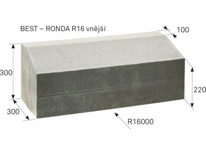 Obrubník silniční betonový Best Ronda poloměr R16,0 vnější, výška 30 cm, přírodní betonová
