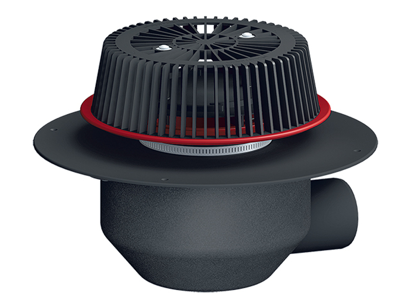 Střešní vtok HL Hutterer & Lechner, DN110 s ležatým odtokem, s nástavcem pro nouzové odvodnění se záchytným košem, s PP izolační přírubou pro TPO, FPO hydroizolační fólie, tepelně izolovaný.