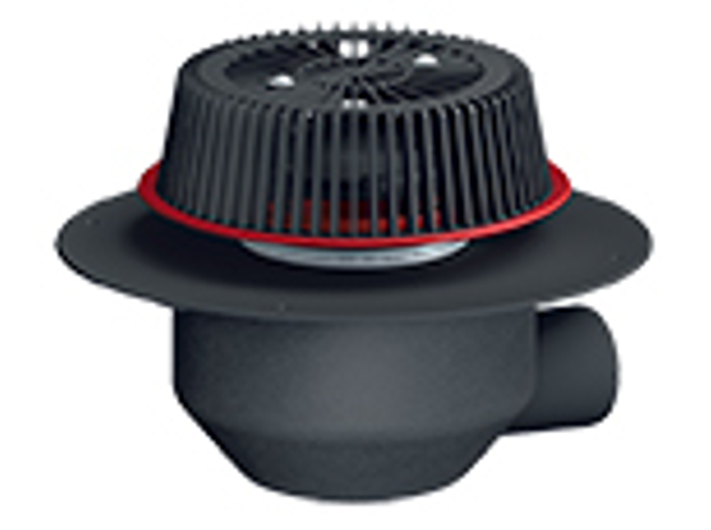 Střešní vtok HL Hutterer & Lechner, DN110 s ležatým odtokem, s nástavcem pro nouzové odvodnění se záchytným košem, s PP izolační přírubou pro TPO, FPO hydroizolační fólie, tepelně izolovaný.