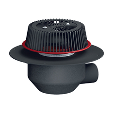 Střešní vtok HL Hutterer & Lechner, DN110 s ležatým odtokem, s nástavcem pro nouzové odvodnění se záchytným košem, s PP izolační přírubou pro TPO, FPO hydroizolační fólie, tepelně izolovaný.