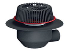 Střešní vtok HL Hutterer & Lechner, DN110 s ležatým odtokem, s nástavcem pro nouzové odvodnění se záchytným košem, s PP izolační přírubou pro TPO, FPO hydroizolační fólie, tepelně izolovaný.