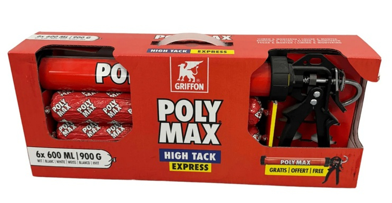 Montážní lepidlo Griffon Poly Max Hight Tack Expres 6 x 600 ml, bílá, vč. tlačné pistole