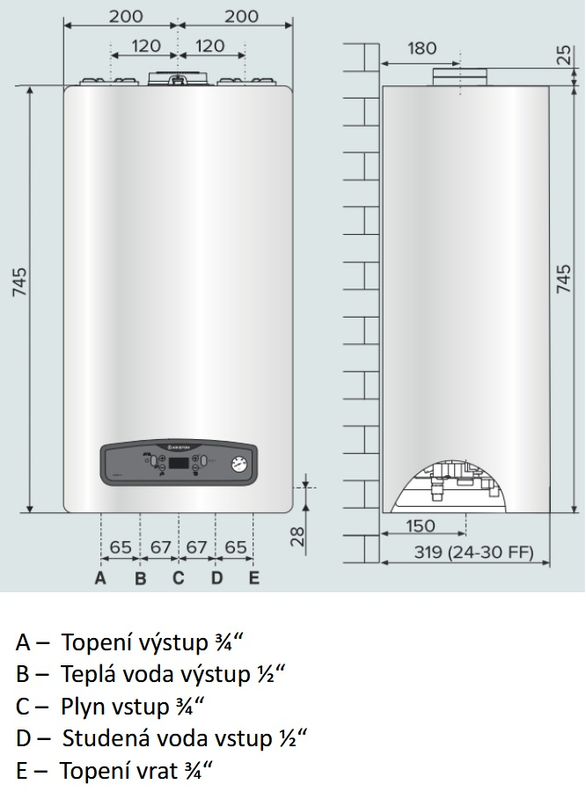 Kotel plynový kondenzační závěsný Ariston Cares S 30, topení 23,6 kW a průtokový ohřev TV 25,6 kW