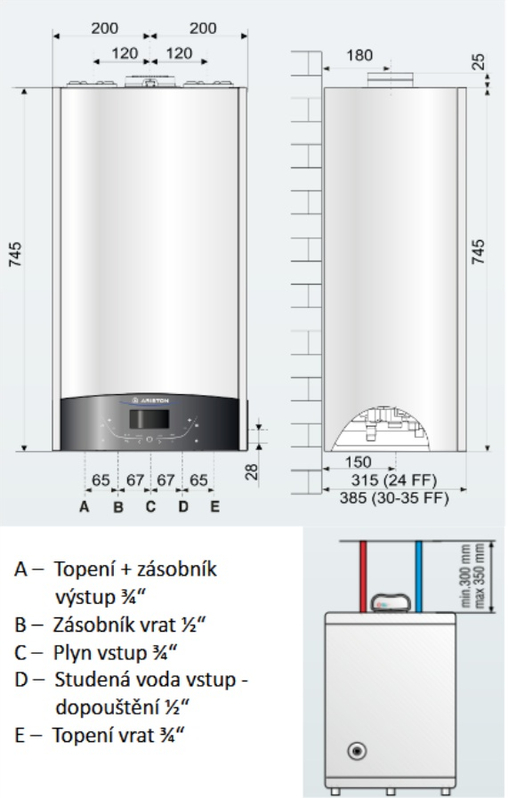 Kotel plynový kondenzační závěsný Ariston Genus One+ System 35, topení 30,3 kW a ohřev TV v externím zásobníku 33,1 kW, SVT 22173
