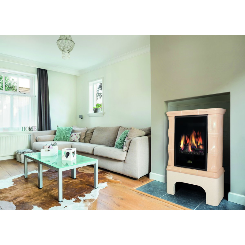 Volně stojící plynová krbová kachlová kamna Karma Art W ZP, s výkonem 5,0 kW, odtah spalin přes zeď, béžová